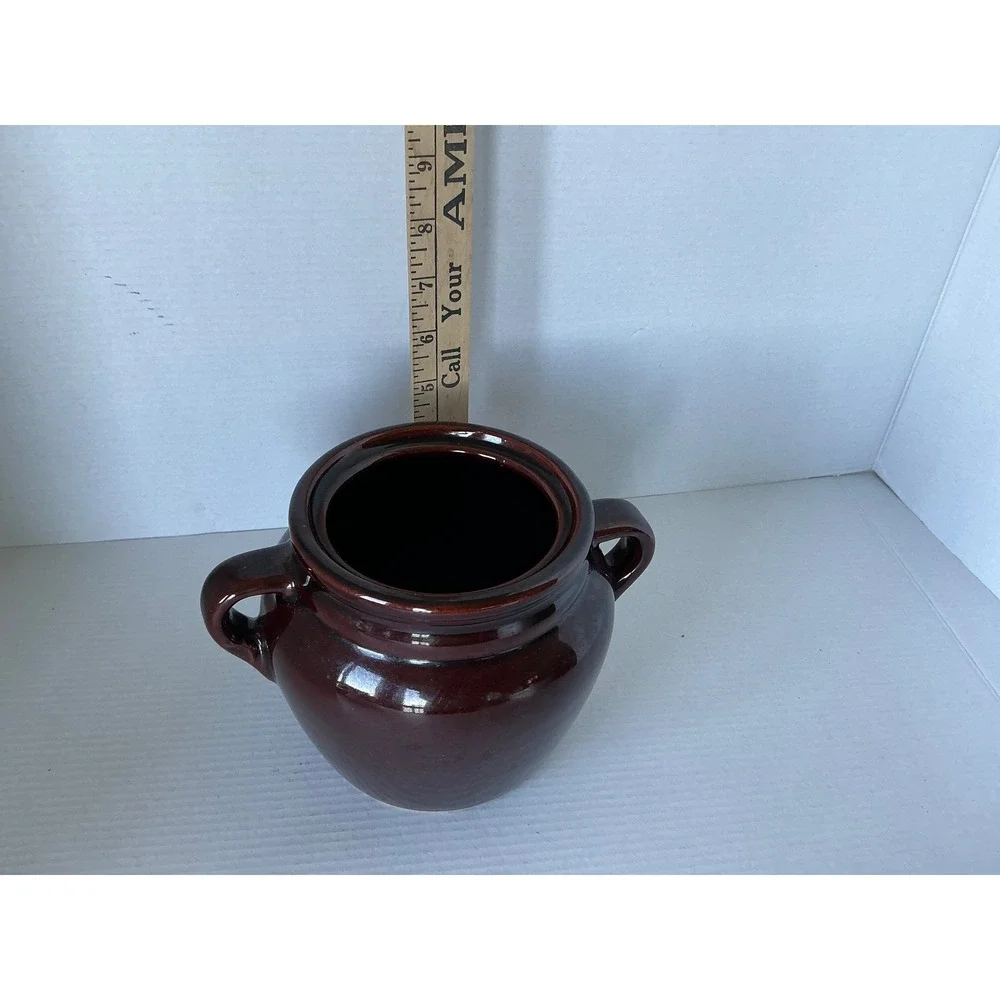 Vintage Ceramic Bean Pot Double Handle‎ Brown Stoneware USA Crock Small